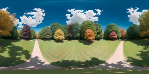 Ultra high-resolution VR360 panorama, sky-dominated view of Central Park. Autumn's vibrant palette, crisp auburn leaves, gold-touched treetops, soaring sapphire sky. Masterpiece style, focus on detail precision, exquisite visual artistry.