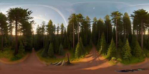 VR360, Endor's forest moon at sunset, ultra high-res, towering pines under waning light, sky ablaze with hues, masterpiece quality. VR360, sky's palette morphs, twilight, stars awaken.