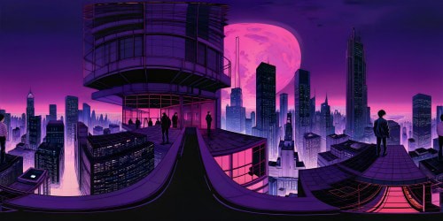 Immaculate, cutting-edge crypto trading office nestled on a futuristic rooftop high above the neon-lit cityscape, shimmering with vibrant purple and pink hues, reflecting a flawless, ultra high-resolution masterpiece of cyberpunk intricacy and detail.