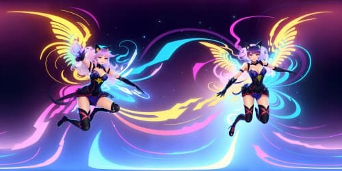 five girls wih cat ear are dancing and singing a person with cat face, butterfly wings and fish tail