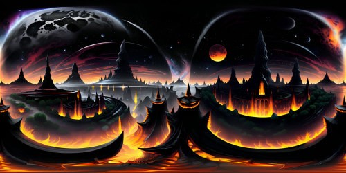 Masterpiece lava planet, ultra-high-resolution gothic space. VR360 veiny obsidian formations, rocks aglow with fiery magma. Gothic cathedral-like stalagmites, molten rivers trailing off into the horizon. VR360 molten-red sky, blackened stars, ethereal cosmic nebulae. Visual style akin to HR Giger's biomechanical Gothic.