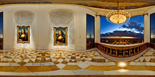 Lavish art gallery exhibiting a stunning array of Leonardo da Vinci's masterpieces, ornate marble floors, golden frames shimmering under crystal chandeliers, flawless Renaissance frescoes on towering ceilings, intricate details in every brushstroke, capturing perfect luminosity and depth.