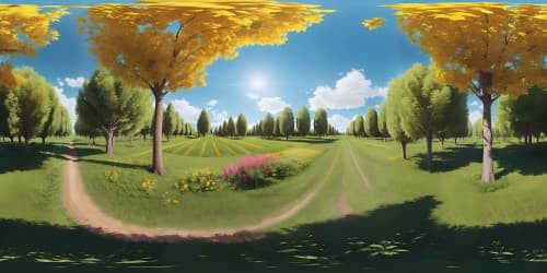 a open field with trees and flowers