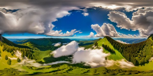 A flawless, ultra-high-resolution landscape featuring majestic towering trees in the foreground, rolling lush green hills stretching towards the horizon, under a vibrant blue sky illuminated by the radiant sun and sprinkled with cotton-like clouds, a visual masterpiece of awe-inspiring nature.