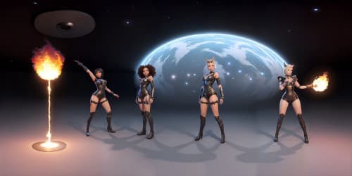 four african american women sorceresses wearing thigh high boots. one is wearing bracelets made of fire. one has dreadlocks.one is wearing a metalic silver bodysuit.one woman is  carrying a large blue hammer with energy bursting from it.