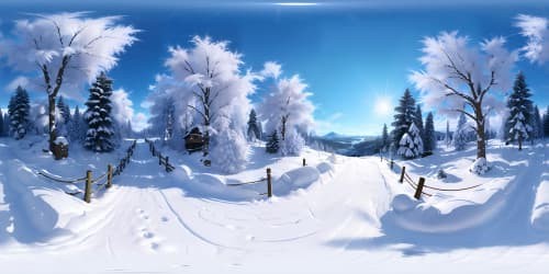 VR360 view - Mega high-resolution, sheer perfection, emerald forest. VR360 scene - Dusted snow, untouched wilderness, fantasy style.