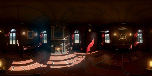 Masterpiece VR360 panorama, ultra high-res tile flooring, torch-lit path. Titanic cobblestone walls, VR360 floating dust particles, Pixar-style. Sprawling ceilings, light trickling through cracks, ominous shadows. Intricate stone patterns, dynamic lighting, meticulous detailing. Superb quality, ultra-high resolution VR360 scene, mega polished shadows.