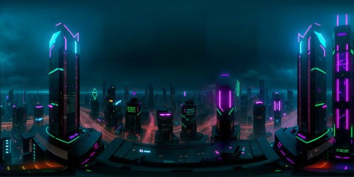 VR360 view, neon-lit skyscrapers, sprawling digital billboards, cyberpunk architecture. Ultra-high-res, glowing holograms, rain-slicked streets, sci-fi marvel. Masterpiece rendering, vibrant color spectrum, vivid night cityscape. Futuristic, dystopian ambiance. High quality, stylized cyberpunk aesthetic.