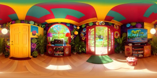 VR360 psychedelic posters, avocado shag carpet, essential lava lamp, tube TV, 1970s masterpiece, bead-curtain doorways, teak furniture pieces. Vintage-inspired, vibrant color saturation in VR360 view. Retro wallpaper, jewel-toned rotary phone, VR360 ultra high-res masterpiece. Surprising depth, striking detail, nostalgia-rich. Aesthetic 70s, best quality VR360.
