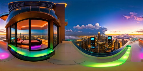 A flawlessly detailed penthouse bedroom on the top floor of a skyscraper with a jaw-dropping view of a cyberpunk cityscape, neon lights reflecting off sleek glass buildings, bustling hovercars in the night sky, holographic advertisements illuminating the flawless ultra-high resolution panorama.