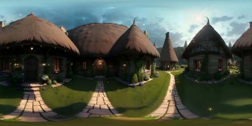 VR360: Ultra-high resolution, gothic meets cottagecore aesthetic masterpiece. Thatch-roofed cottages draped in moss, silhouetted against star-freckled indigo-hued sky. Cobblestone path, weather-touched, winding its way to wrought-iron gate, ornate. Luminescent gilded moon, casting gentle glow, setting dusky scene. Atmospheric