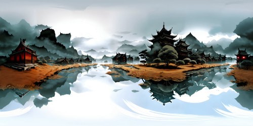 Chinese ink painting style, unparalleled quality, VR360 masterpiece. Frequent misty clouds in monochrome, cold tranquil river surrounding. A solitary boat drifting, full of subtle, classical complexities. Ultra-high resolution, VR360 traditional Chinese vista.