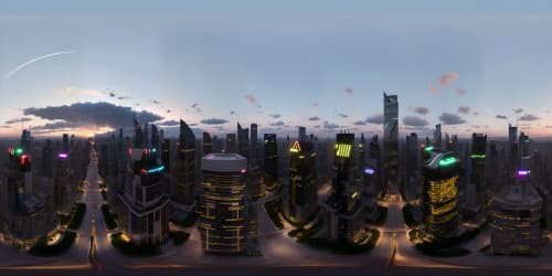 VR360 view of architectural marvel, skyline brimming with skyscrapers, illuminated cityscape at dusk. Depicted in an ultra-high-res, painterly style, resemble a modern masterpiece.