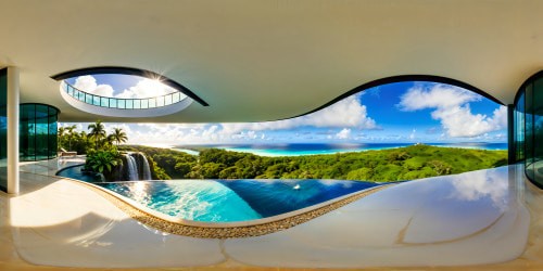 A flawlessly designed futuristic living space within a modern mansion, all white marble adorned with lush green plants, open ceiling with full view of sky, expansive windows offering a serene water garden with small cascading waterfalls, all under a vibrant aqua blue sky overlooking a tropical beach.