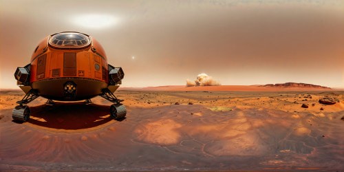 A monumental Martian landscape unfolds as the first manned capsule touches down on the rust-hued surface, dust billowing around its landing legs under a vast, hazy crimson sky.