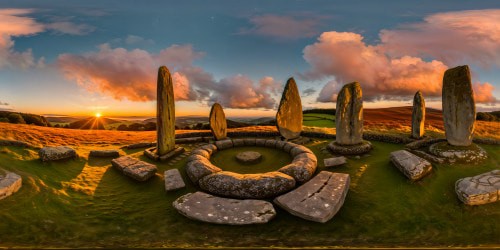 A stunning, flawless panoramic view of an ancient stone circle drenched in warm sunset hues, surrounded by mystical standing stones, intricate celtic carvings, and rolling hills, all under a vibrant starlit sky, ultra high resolution, a true masterpiece of celtic folklore.