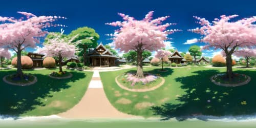 VR360 scene, ultra high res, distinguished apple tree centerpiece, masterpiece in verdant hues. Spherical sky panorama, cloud-strewn, apple blossoms scattered. Referencing Pixar-style. VR360, dappled sunlight filtering through leaves.