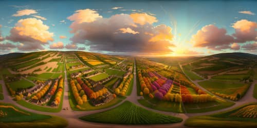 Masterpiece VR360, ultra-high res, hillside panorama unfolding into open flower-strewn meadow. VR360 sweep of autumn leaves swirling, beautiful orange sky sunset gracing the horizon. Vivid hues - red, pink, purple, orange, yellow.