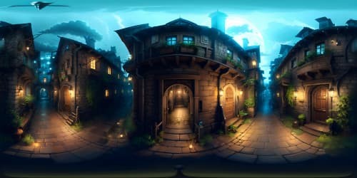 VR360 view: Sky view of Dimly-lit alleyways, cobblestone paths in the style of Thief universe, VR360 skyline: dark, ominous clouds, scattered moonlight. Style: Ultra high-resolution, fine details, grand masterpiece, shadow play.