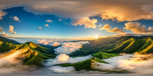 Japanese countryside in summer, bordered by rolling green hills, distant ocean on the horizon, blue sky with fluffy clouds, joyful, hazy, dreamlike atmostphere. High resolution photo.