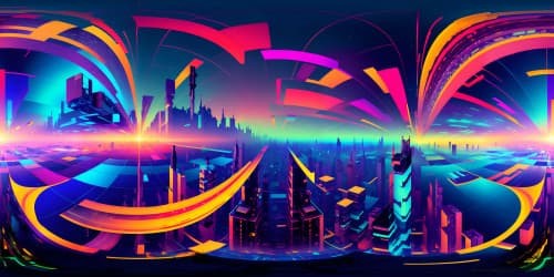 Masterpiece-quality VR360 view, ultra-high-resolution, crisp clarity, depth, vibrant color palette. Surrealist art style, abstract shapes, deep contrast, melange of textures. Immense skyline, intricate cloud formations, radiant celestial bodies.