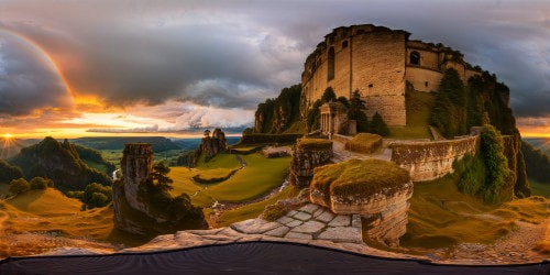 A breathtaking panoramic view overlooking a majestic valley at golden hour, cascading waterfalls, towering ancient ruins, vibrant flora, misty atmospheres, and a vibrant sunset sky, rendered in flawless 8K resolution.