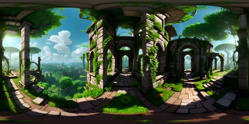 VR360 perspective, high above dense forest, intertwining paths etching labyrinth patterns. Age-old ruins peeking through verdant canopy, casting intricate shadows. Ultra high-res detailing, gradients of forest green. Masterpiece of fantasy art, painterly softness, lush, textured foliage. VR360 view of mixed ruins and vegetation, intersection of nature and