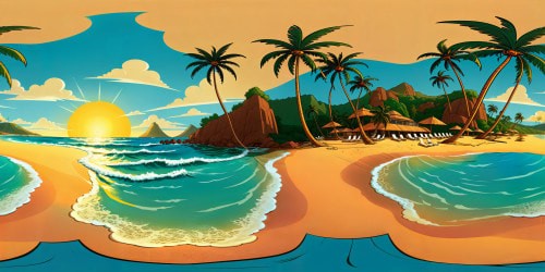 A breathtaking Brazilian beach at golden hour, pristine golden sands gleaming in the sunset, turquoise waves crashing onto the shore, palm trees casting long shadows, a flawless high-resolution masterpiece capturing every grain of sand and every ripple in the sea.