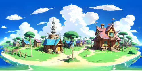 VR360 vision of Bikini Bottom, vibrant hues, pineapple house, Squidward's tiki head abode, Krusty Krab in the distance. SpongeBob-inspired design, ultra-high resolution, bold colors. Cartoon style, crisp lines, playful forms for immersive VR360 experience.