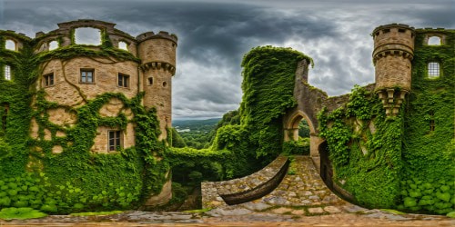 Overgrown castle ruins rise majestically under a canopy of moody gray skies, every weathered stone and delicate tendril of ivy meticulously captured in ultra-high resolution, a sublime masterpiece of atmospheric detail.