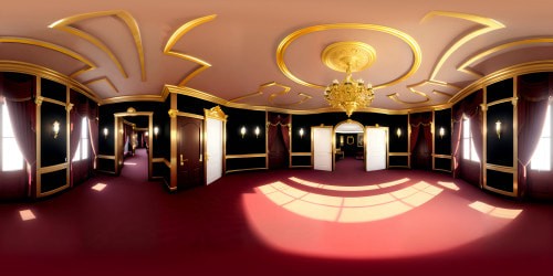 VR360 perspective: center stage, ornate theater interior, velvet curtains, grand chandeliers, lavishly designed balconies. No audience, focus on architectural grandeur, masterpiece quality. Ultra high res detailing: baroque motifs, gilded moldings, crystal pendants on chandeliers. VR360 empty theater, a personal performance space. Modern renaissance style.