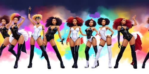 four african american women wearing white leotards and thigh high boots. one woman has dreadlocks.they are all facing the other way.