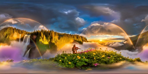 A flawless, breathtaking scene set in a magical forest at golden hour, where colorful birds frolic amongst vibrant toys and fluttering pink and green butterflies, while a person plays the violin near a radiant golden sunset reflecting in crystal clear water, casting a magical glow over yellow flowers and fairies dancing under the enchanting rainbow with a shimmering pot of gold at its end.