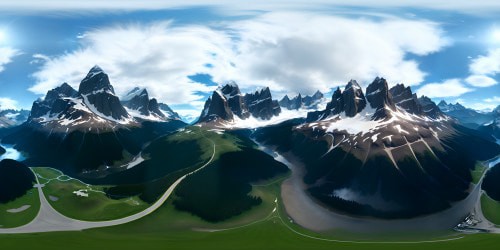 Alps sky panorama, high-altitude clouds, snow-capped peaks, pristine glacier, ultra high-definition resolution. Masterpiece quality, realistic with surreal essence, detailed textures in VR360. Grandeur of Alps, VR360 view, morning light effects.