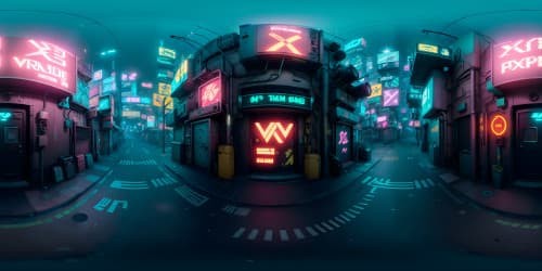 Ultra high-res VR360, cyberpunk alley spectacle. Neon-lit signs, graffiti-rich walls, futuristic digital billboards. Masterpiece, premium quality, intricate detail. Cyberpunk-style aesthetics, VR360 dystopian cityscape.