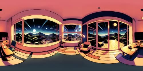 Masterpiece quality, ultra-high-resolution VR360. Mountain-embedded house, world panorama view. Saturn sighting through large window from room, VR360. Minimal foreground, expansive cosmos perspective.