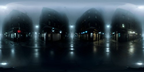 VR360 foggy NY intersection, nightfall, high-resolution street-level view, dim-hued streetlight ambiance, eerie VR360 cityscape. Darkened sewer entrance, unidentifiable dread looming. Ultra-detailed, uncanny atmosphere, cloaked figure holding single candle in distance, semi-open door to building. Emphasizing chilling ambiance, eerie masterpiece rendered with high precision in