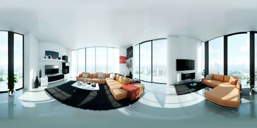 VR360 ultra-modern living room, luxury materials, sleek lines. High-res panoramic windows, urban skyline. White floating furniture, chrome highlights, no human presence. VR360 LED ambiance, abstract art fusion. Couch with color pop, a touch of Latina red. Pixar-digital-realism blend, high resolution masterpiece.
