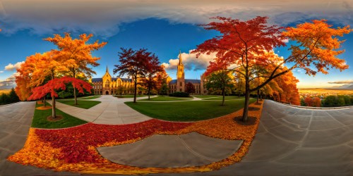 Immaculate depiction of a majestic university campus basked in the warm glow of a mesmerizing, fiery sunset, vibrant autumn leaves carpeting the ground, towering library spires casting elongated shadows, exquisitely detailed and bursting with rich golden hues.