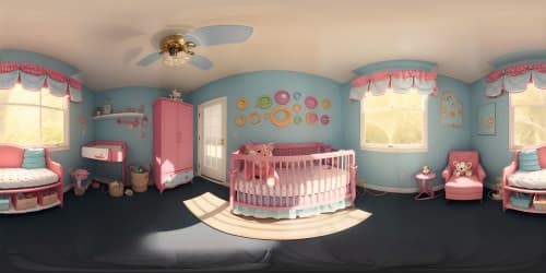 Ultra-high resolution, pinnacle of quality, masterpiece VR360 scene. Babyroom aesthetic, crib centerpiece, diverse toy spread, diaper detailing. Lush, vibrant color spectrum, innocent ambiance. Pixar-esque rendition, smooth textures, rounded forms.