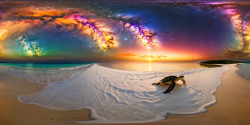 A pristine white sand beach beneath a mesmerizing galaxy-studded sky, where ethereal fairies dance with graceful sea turtles in a world of ultra-high-resolution magic, a flawless masterpiece of ethereal fantasy.