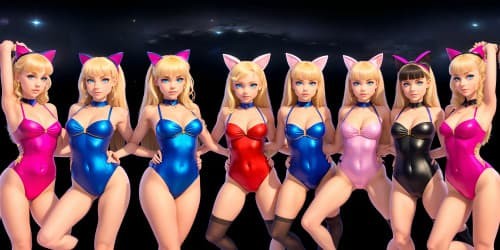 five 50 year old princesses_wearing pink leotards_wearing hoop earrings_one has blue eyes_two of them are blonde_they are squatting_spread_arms above their heads_close up of armpit_ cat ears