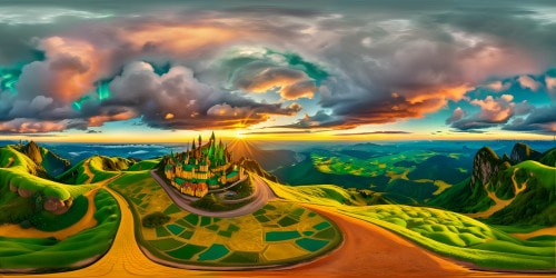 Glowing emerald city on the horizon, vibrant yellow brick road winding through a fantastical land of oz, saturated colors, surreal detailed splendor, ultra high resolution perfection.
