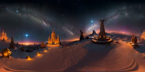 Masterpiece VR360 view, Anubis statue grandeur, Orion constellation sparkle. Ultra-high resolution, optimum clarity. Style elements - ancient mythology meets star-gazing, celestial serenity. VR360 scene, blending fantasy art with digital painting.