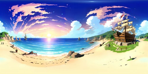 One Piece-inspired VR360 scene, Straw Hat Pirate ship, azure ocean surrounding, expansive sky teeming with scattered clouds, fiery sunset backdrop. Classic anime style, emphasis on vibrant hues, sharp detailing, exaggerated perspectives for a captivating VR360 environment.