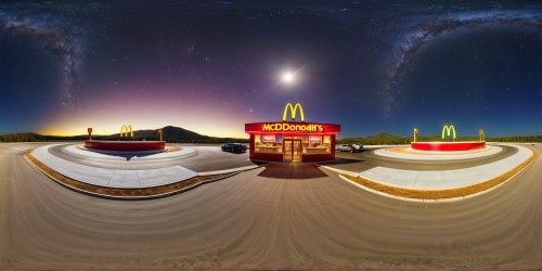 A McDonalds out in the middle of nowhere, under a starry night sky with a small bright moon and light clouds.