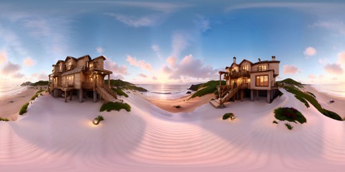 VR360 masterpiece beach house, ultra high-res textures, weathered seaside wood, pastel beach pebbles, floating beach chairs, sand-dusted ambiance. VR360 panoramic, frothy lace sea foam, canted sunset, pastel palette. Coastal blooms, sand dunes vista, Impressionist style. Lavish detailing, artistic rendering, grandeur, finesse.