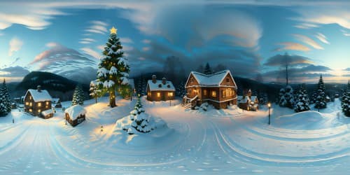 Masterpiece quality, ultra high resolution, VR360 nightscape of hillside. Vivacious multi colored Christmas lights, red, blue, green, orange, purple, animating evergreens blanketed in snow. Pixar-style lighting effects, bold festive colors. VR360 view, sparkling snowy panorama.