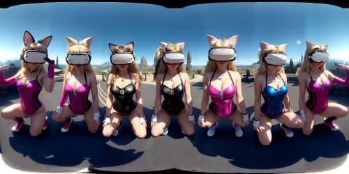 five 40 year old princesses_wearing pink leotards_one has blue eyes_two of the are blonde_they are squatting_spread_arms above their heads_close up of armpit_ cat ears