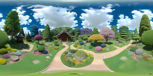 Ultra-HD VR360 floral tapestry, Japanese botanical garden panorama. Masterpiece skyview rendering, ultra high res. Elevated perspective, minimalist, sprawling flora emphasis. Color palette intensified, quintessential realism, hint of whimsy. Opulent, masterful, maximum quality VR360 immersive experience.